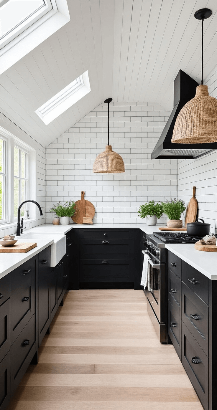 Black Kitchens: The Ultimate Guide to Bold, Sophisticated Design A Scandinavian-inspired black kitchen featuring black oak cabinets, white subway tile walls with black grout, and a pitched white ceiling, illuminated by morning light through a skylight. The space showcases natural fiber pendant lights, wooden cutting boards, linen textiles, and potted herbs, emphasizing clean lines and a blend of natural materials.