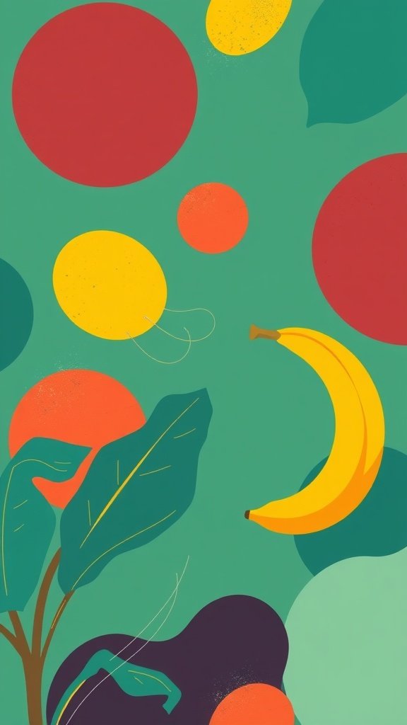 25 Creative Banana Wallpaper Designs for Your Phone A colorful abstract design featuring a banana and vibrant circles on a green background.