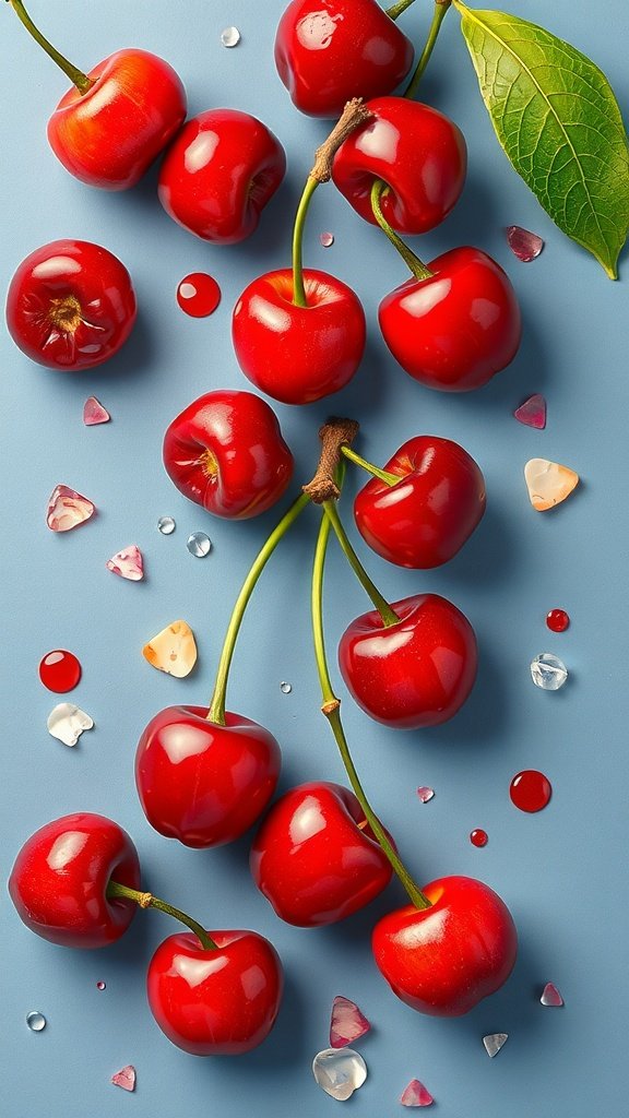 25 Stunning Cherry Wallpaper Designs for Your Phone An artistic arrangement of red cherries on a blue background with decorative elements.