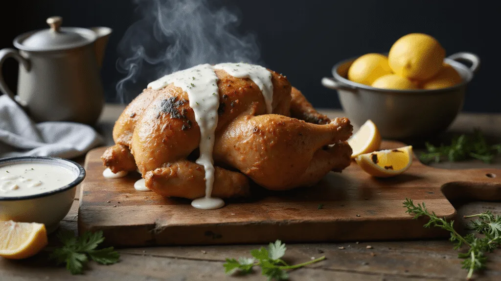 Quick & Tangy Southern-Style Grilled Chicken Photorealistic image of a whole grilled chicken on a rustic wooden cutting board, coated in creamy Alabama White Sauce, with a side bowl of sauce and charred lemon wedges, surrounded by fresh herbs, in warm afternoon light.