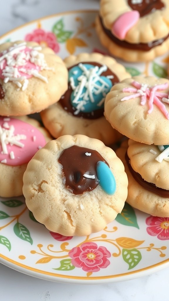 25 Creative Gender Reveal Cookie Ideas to Celebrate Your Big News Plate of colorful Almond Joy Gender Reveal Cookies decorated with pink and blue icing.