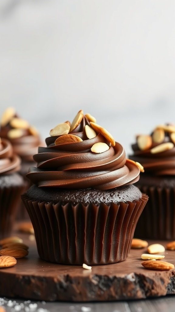 25 Creative Gender Reveal Cupcake Ideas to Celebrate Your Baby's Arrival Delicious Almond Joy gender reveal cupcakes topped with chocolate frosting and almonds.