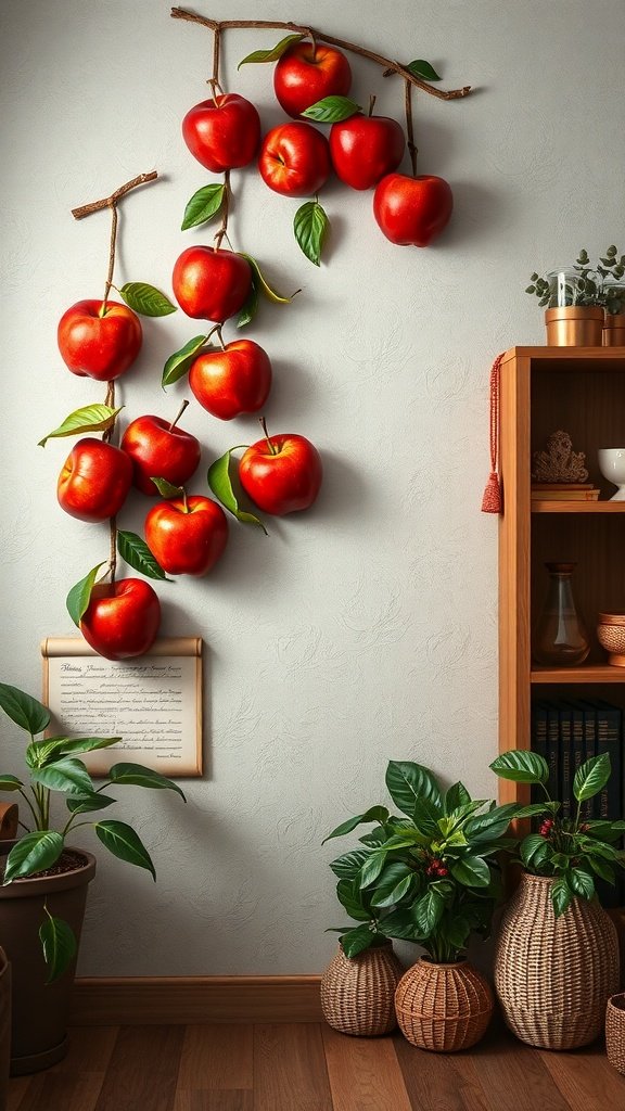 35 Stunning Apple Wallpapers for Your Device Art print featuring red apples hanging from a branch on a wall, with potted plants and a framed paper below.