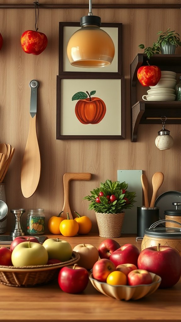 35 Stunning Apple Wallpapers for Your Device Cozy kitchen with apple-themed decor, featuring apples in baskets and hanging apples.