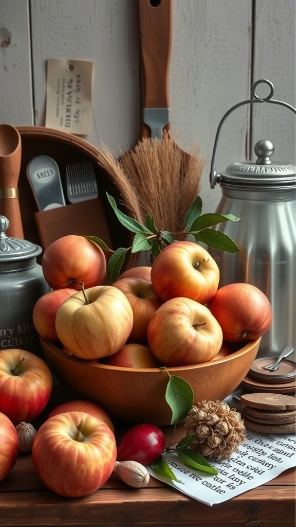 35 Stunning Apple Wallpapers for Your Device A still life arrangement featuring a wooden bowl filled with fresh apples, surrounded by rustic kitchen tools and decorative elements.
