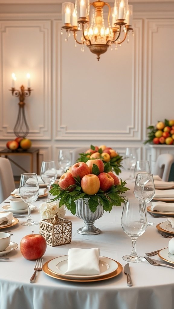 35 Stunning Apple Wallpapers for Your Device An elegant table setting featuring a centerpiece of fresh apples, gold-rimmed plates, and sparkling glassware.