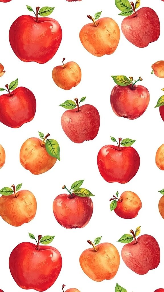 35 Stunning Apple Wallpapers for Your Device A pattern of various apples in red and orange colors with green leaves on a white background.