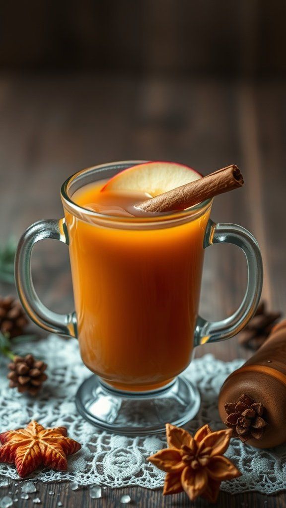 35 Stunning Apple Wallpapers for Your Device A glass mug of warm apple cider with a cinnamon stick and apple slice, surrounded by decorative elements.