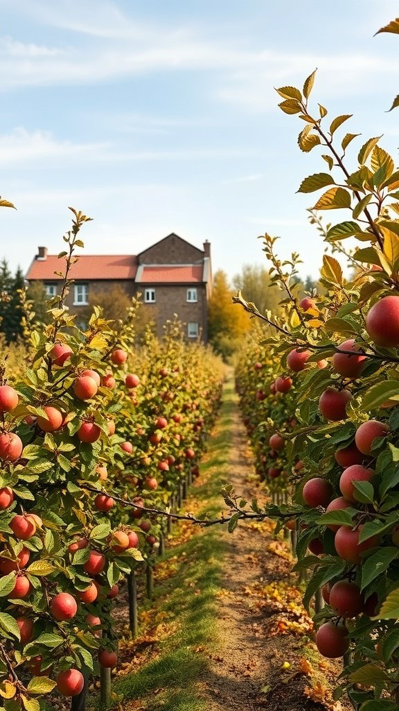 35 Stunning Apple Wallpapers for Your Device A picturesque apple orchard in autumn with ripe apples and a clear blue sky.