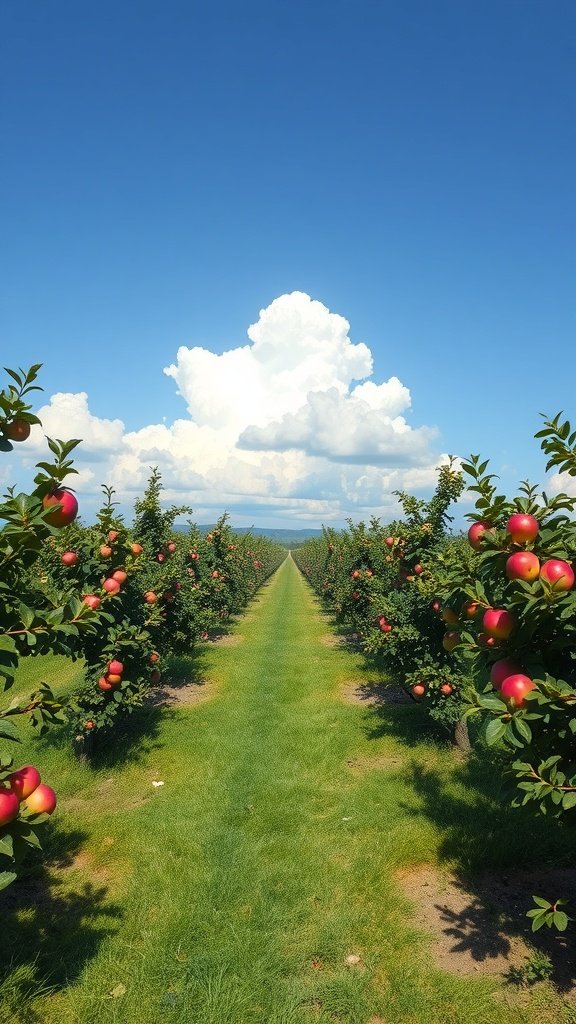 35 Stunning Apple Wallpapers for Your Device A sunny apple orchard with ripe red apples under a blue sky.