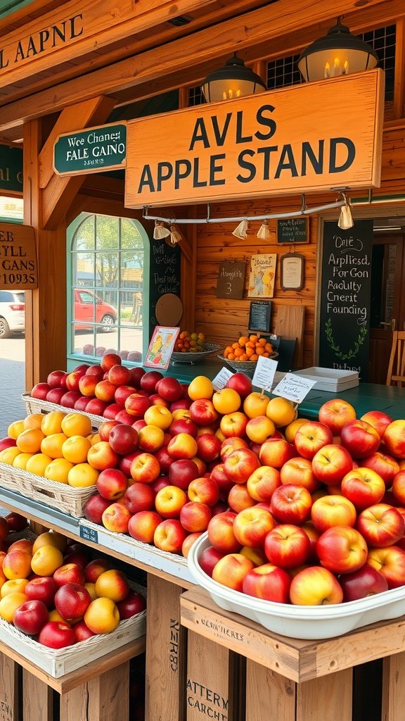 35 Stunning Apple Wallpapers for Your Device A vibrant apple stand filled with fresh red and yellow apples, showcasing a rustic wooden structure and a welcoming sign.