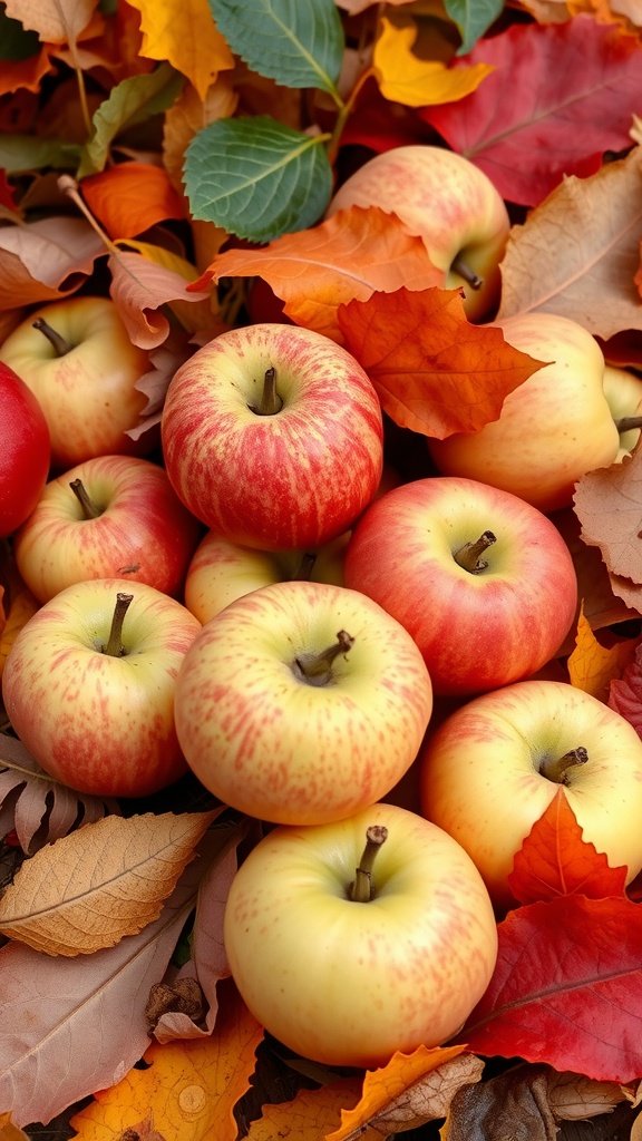 35 Stunning Apple Wallpapers for Your Device A collection of apples surrounded by colorful autumn leaves.
