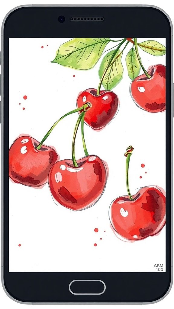 25 Stunning Cherry Wallpaper Designs for Your Phone A phone displaying a colorful sketch of cherries with green leaves.