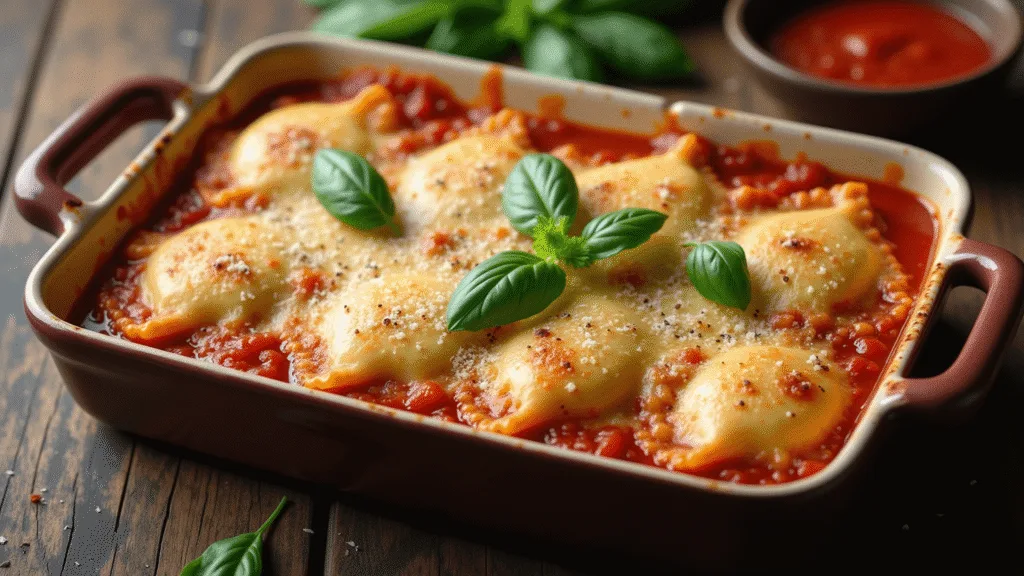 Cheesy Baked Cheese Ravioli with Marinara: The Ultimate Comfort Pasta Dinner Photorealistic overhead shot of a bubbling baked cheese ravioli casserole with marinara and melted cheese, garnished with fresh basil and grated Parmesan, on a dark rustic wooden surface.