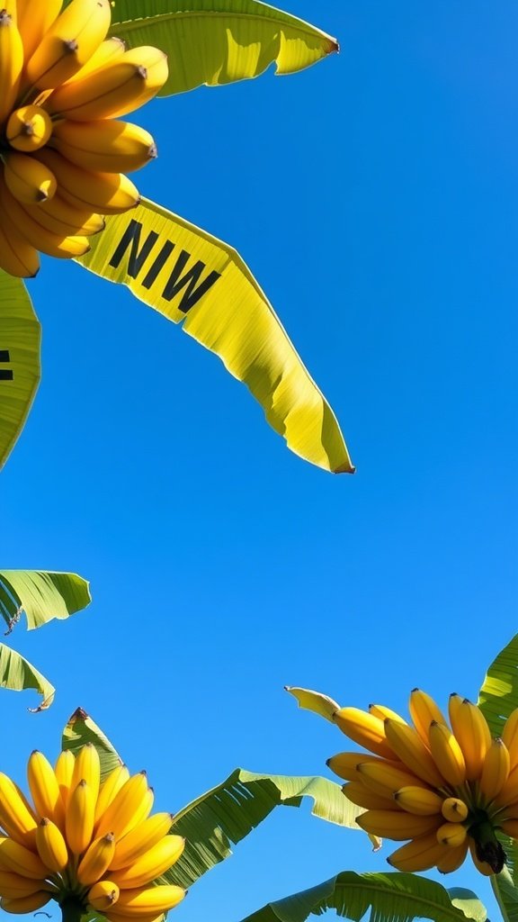 25 Creative Banana Wallpaper Designs for Your Phone A bright blue sky with yellow bananas hanging from green leaves.