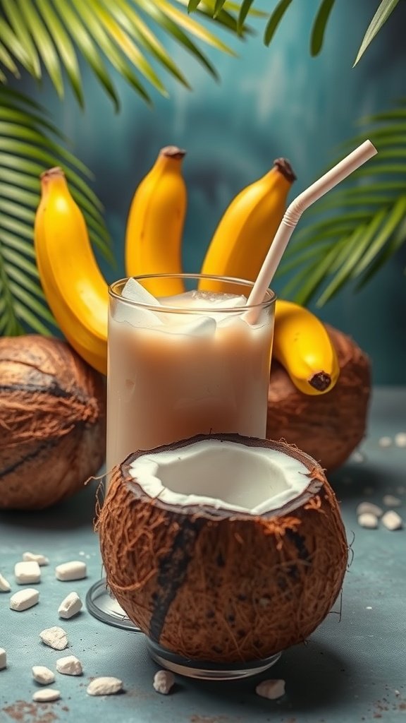 25 Creative Banana Wallpaper Designs for Your Phone A refreshing drink made with coconut and bananas, surrounded by coconuts and bananas, with palm leaves in the background.