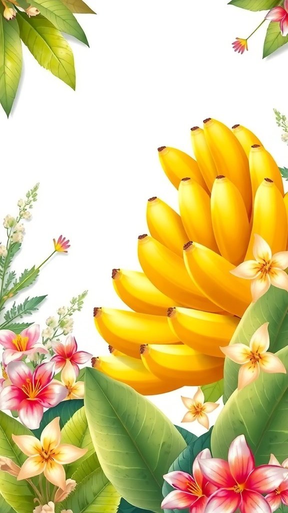 25 Creative Banana Wallpaper Designs for Your Phone A vibrant banana wallpaper featuring yellow bananas surrounded by colorful flowers and green leaves.
