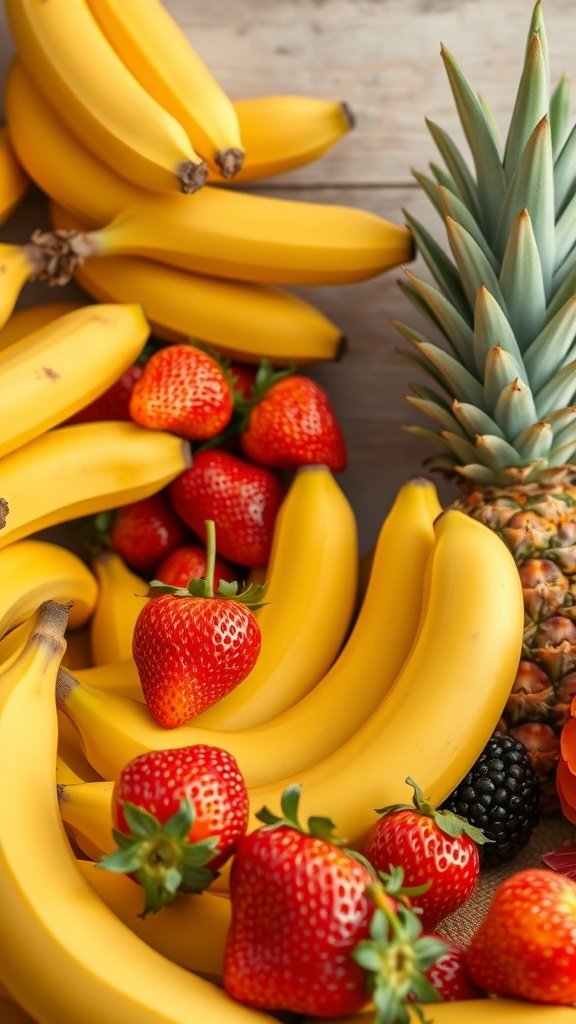 25 Creative Banana Wallpaper Designs for Your Phone A vibrant display of bananas, strawberries, and a pineapple on a wooden surface.
