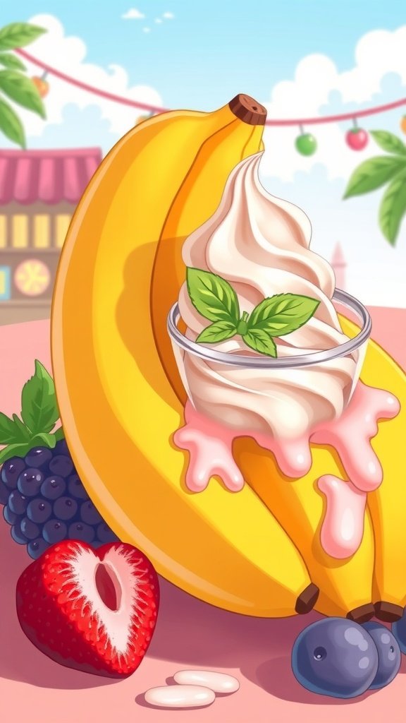 25 Creative Banana Wallpaper Designs for Your Phone A banana next to a cup of ice cream with mint leaves, surrounded by strawberries, blueberries, and blackberries.