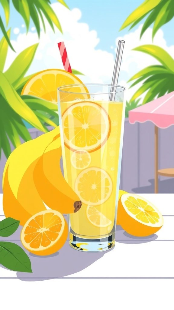 25 Creative Banana Wallpaper Designs for Your Phone A refreshing glass of lemonade with lemon slices, surrounded by bananas and lemon halves, set against a sunny background.