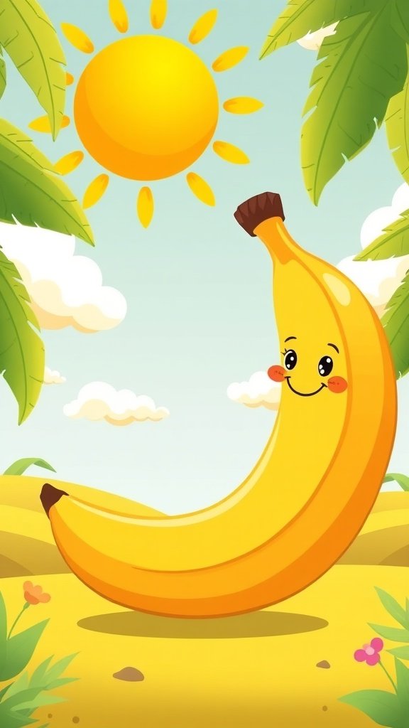 25 Creative Banana Wallpaper Designs for Your Phone A cheerful banana illustration with a smiling face under a bright sun and green leaves.