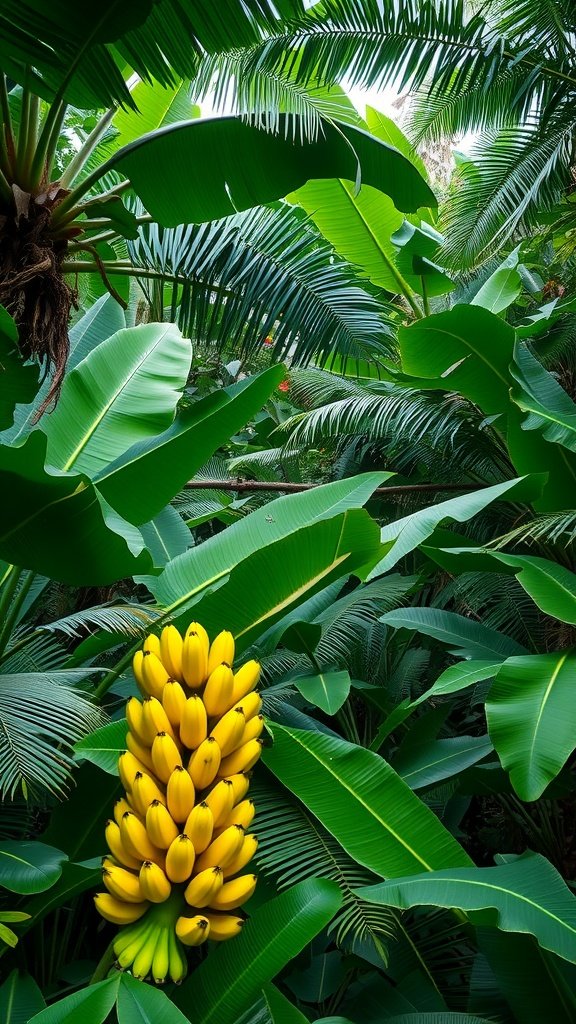 25 Creative Banana Wallpaper Designs for Your Phone A bunch of bright yellow bananas surrounded by lush green jungle foliage.