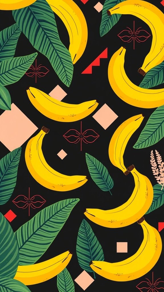 25 Creative Banana Wallpaper Designs for Your Phone A vibrant banana wallpaper featuring yellow bananas, green leaves, and geometric shapes on a dark background.