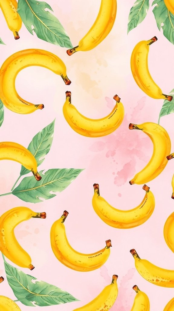 25 Creative Banana Wallpaper Designs for Your Phone A colorful banana pattern with watercolor effect on a pink background.