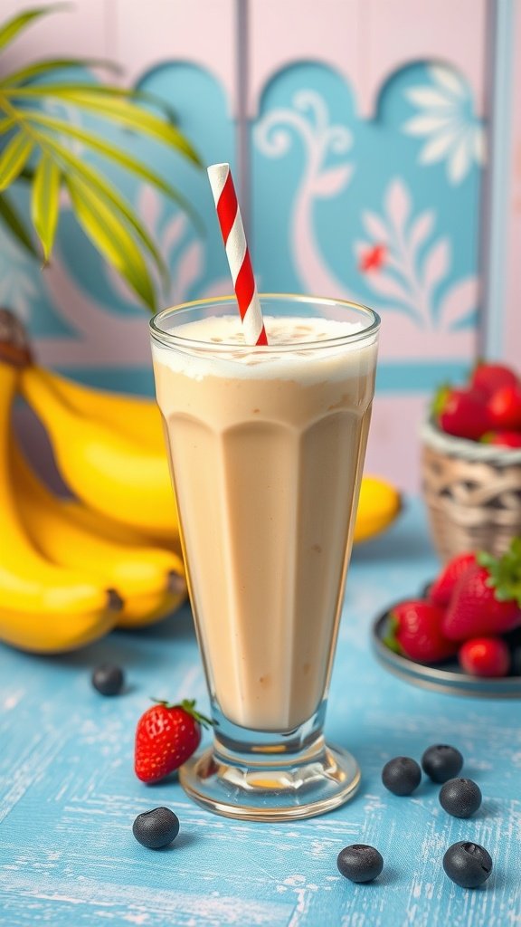 25 Creative Banana Wallpaper Designs for Your Phone A refreshing banana smoothie in a tall glass with a red and white striped straw, surrounded by bananas, strawberries, and blueberries.