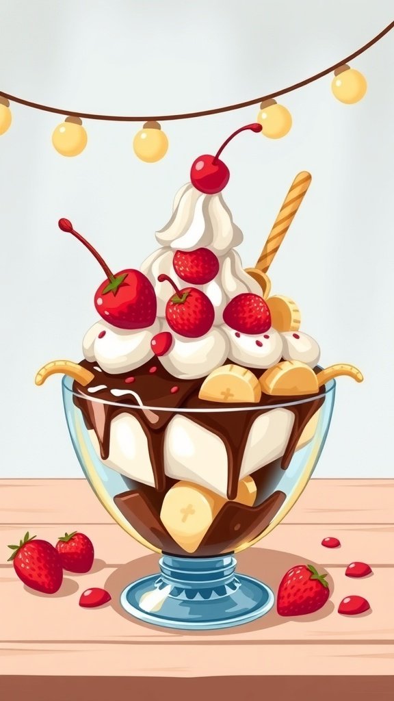 25 Creative Banana Wallpaper Designs for Your Phone A colorful banana split dessert topped with cherries and strawberries in a glass bowl.