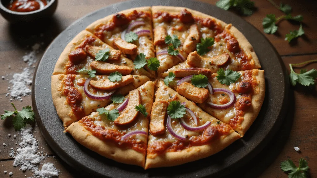 BBQ Chicken Pizza: The Ultimate Homemade Crowd-Pleaser Cinematic overhead shot of BBQ chicken pizza with melted cheese, garnished with cilantro on a textured stone platter, set on a rustic wooden table with extra BBQ sauce and scattered flour.