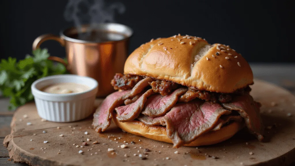 BEEF ON WECK SANDWICH: THE ULTIMATE BUFFALO-STYLE ROAST BEEF CLASSIC Photorealistic close-up of a Buffalo-style Beef on Weck sandwich with medium-rare roast beef, golden-brown kummelweck roll, creamy horseradish sauce, and au jus on a rustic wooden board, garnished with parsley and caraway seeds, set against a dark moody background.