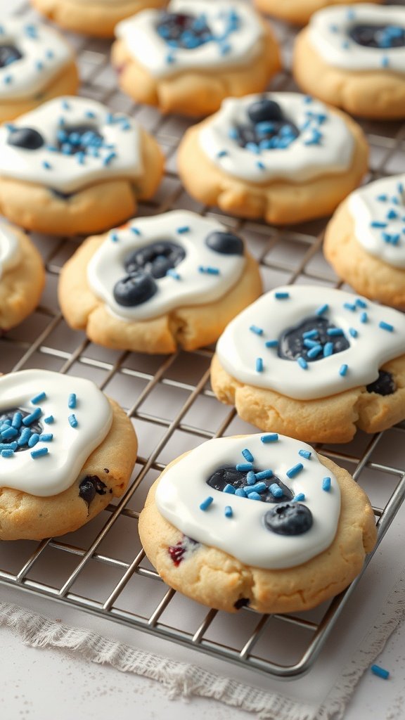 25 Creative Gender Reveal Cookie Ideas to Celebrate Your Big News Blueberry Surprise Gender Reveal Cookies on a cooling rack, decorated with frosting and blue sprinkles.