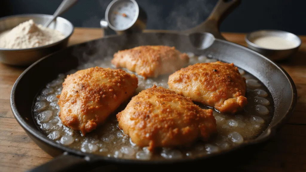COUNTRY FRIED CHICKEN: CRISPY SOUTHERN COMFORT ON A PLATE Cinematic close-up of golden-brown buttermilk fried chicken breasts sizzling in a cast iron skillet, with dramatic oil splashes, highlighting the crispy texture and steam, set in a modern rustic kitchen.