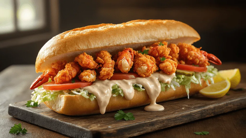 Crispy Crawfish Po' Boy: Louisiana's Ultimate Seafood Sandwich A massive Louisiana Po' Boy sandwich filled with crispy breaded crawfish tails and drizzled with remoulade, served on a rustic wooden board. The sandwich features vibrant tomato slices, shredded lettuce, and pickle chips, garnished with parsley and lemon wedges, with a bottle of hot sauce and Cajun spices blurred in the background.