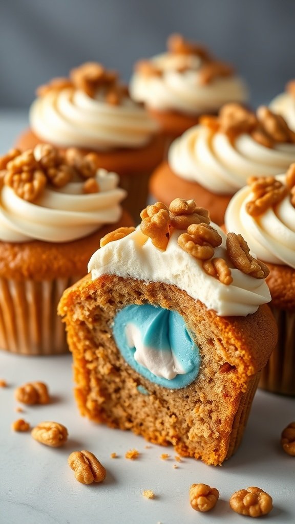 25 Creative Gender Reveal Cupcake Ideas to Celebrate Your Baby's Arrival Carrot cake gender reveal cupcakes with cream cheese frosting and a blue filling