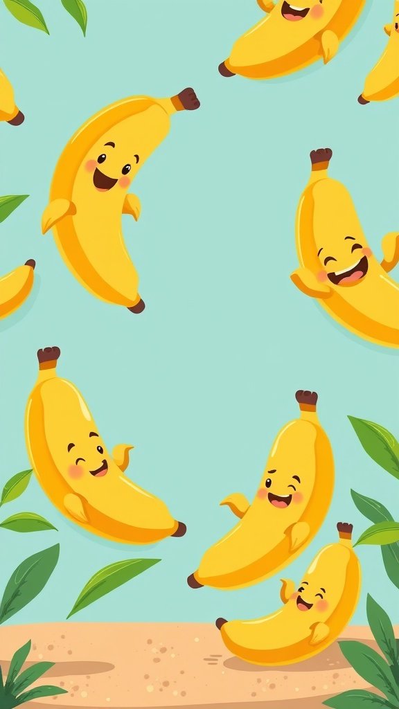 25 Creative Banana Wallpaper Designs for Your Phone Colorful cartoon bananas with happy faces on a light blue background