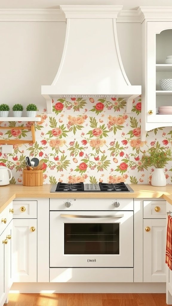 50 Creative Tiny Cottage Kitchen Ideas for Space-Savvy Living A tiny cottage kitchen featuring a floral backsplash, white cabinets, and wooden countertops.