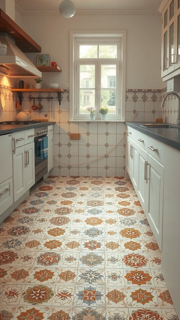 50 Creative Tiny Cottage Kitchen Ideas for Space-Savvy Living Charming tile patterns in a tiny cottage kitchen with colorful floral designs on the floor.