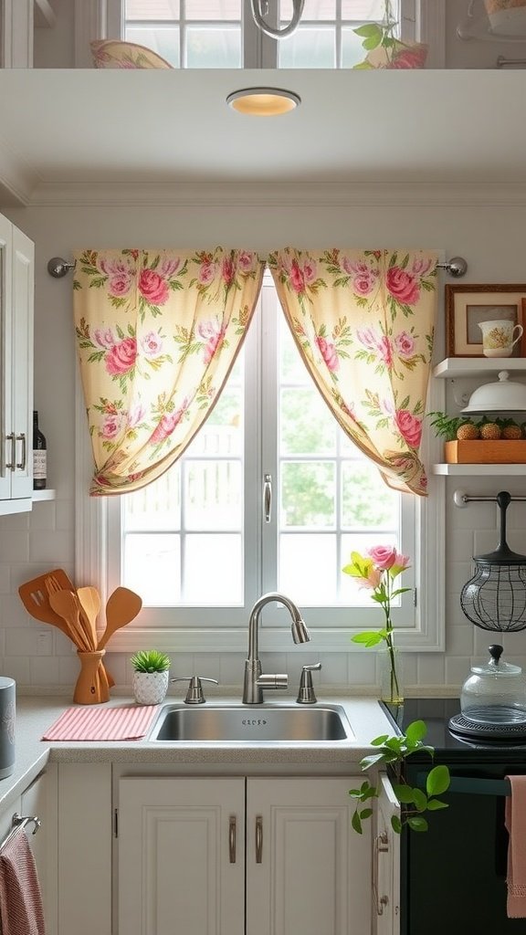 50 Creative Tiny Cottage Kitchen Ideas for Space-Savvy Living A cozy cottage kitchen with floral curtains and a bright window.