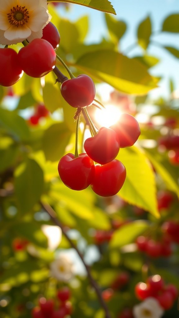 25 Stunning Cherry Wallpaper Designs for Your Phone Close-up of red cherries on a branch with sunlight shining through leaves