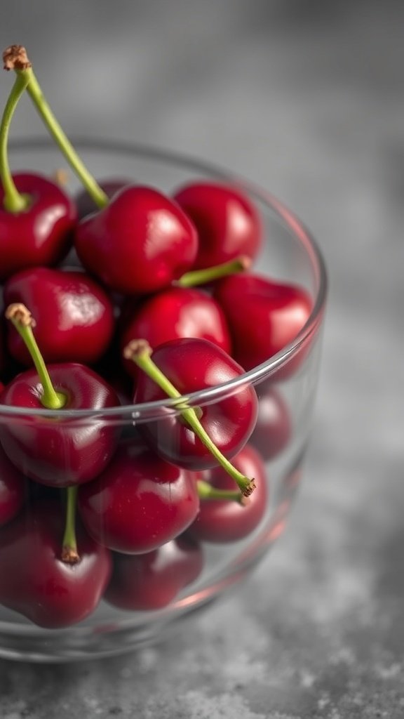 25 Stunning Cherry Wallpaper Designs for Your Phone A glass bowl filled with fresh, shiny cherries on a gray background.
