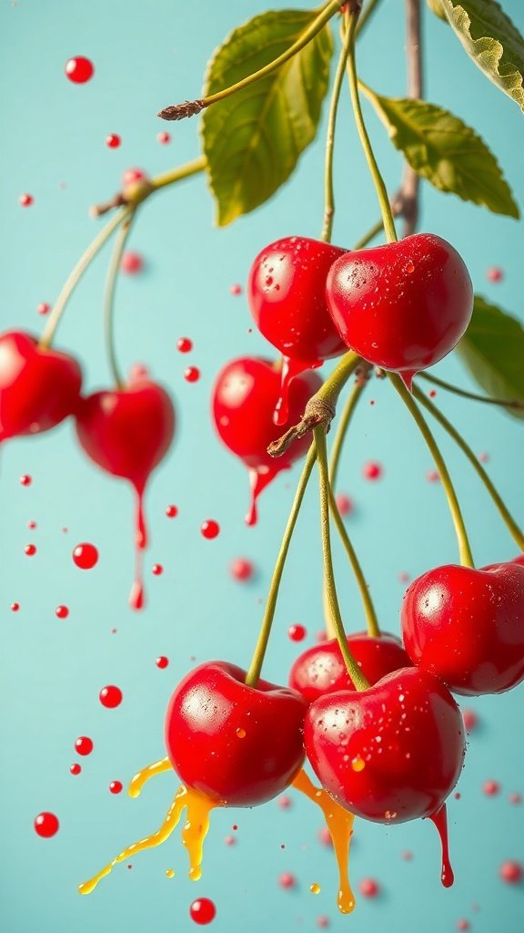 25 Stunning Cherry Wallpaper Designs for Your Phone Close-up of vibrant red cherries with splashes of color against a blue background.