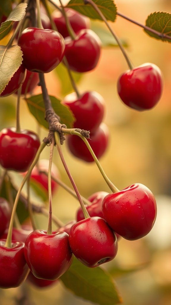 25 Stunning Cherry Wallpaper Designs for Your Phone A close-up of red cherries on a branch with green leaves, enhanced by a vintage filter.