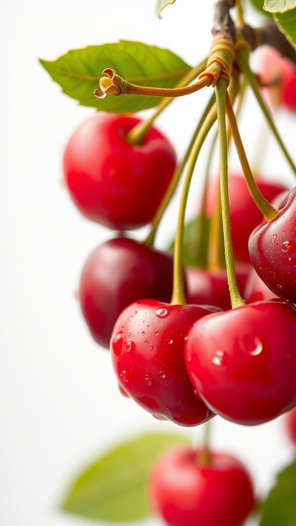 25 Stunning Cherry Wallpaper Designs for Your Phone A close-up of ripe cherries with water drops on them, showcasing their vibrant red color and green leaves.