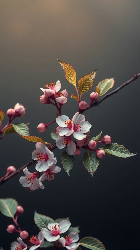 25 Stunning Cherry Wallpaper Designs for Your Phone A close-up of cherry blossoms and leaves on a branch.
