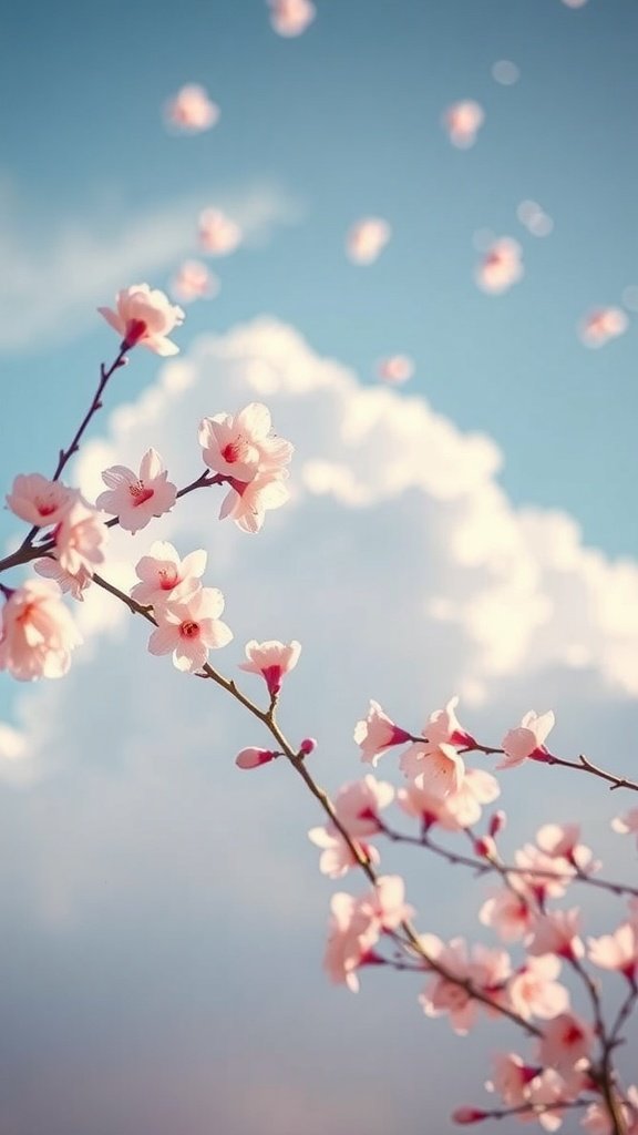 25 Stunning Cherry Wallpaper Designs for Your Phone A branch of cherry blossoms against a blue sky with fluffy clouds.