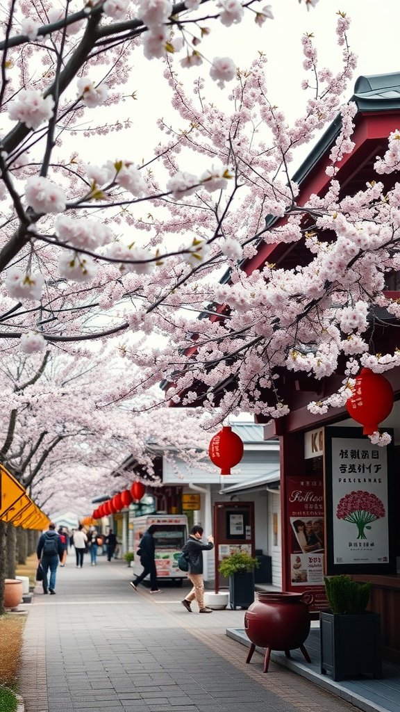 25 Stunning Cherry Wallpaper Designs for Your Phone A street lined with cherry blossom trees and red lanterns, capturing the essence of a Cherry Blossom Festival.