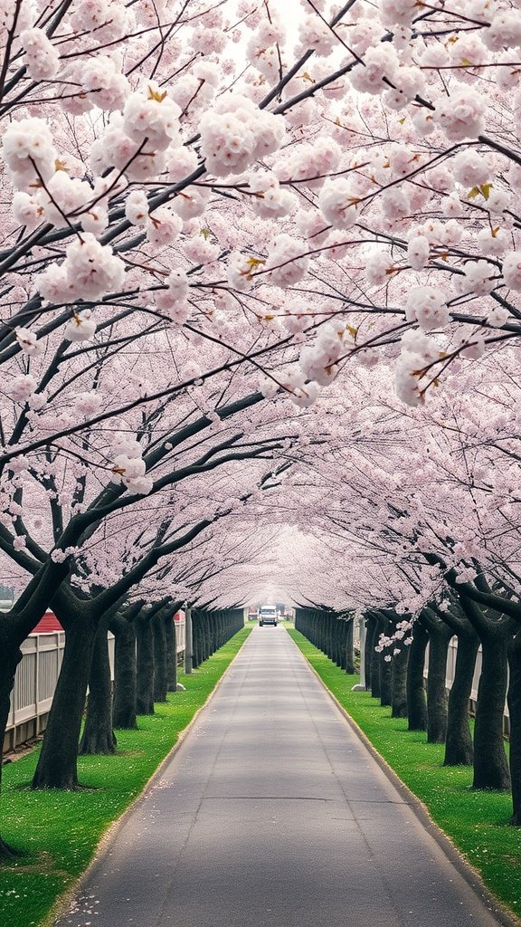 25 Stunning Cherry Wallpaper Designs for Your Phone A pathway lined with cherry blossom trees in full bloom, creating a beautiful pink canopy over a road.