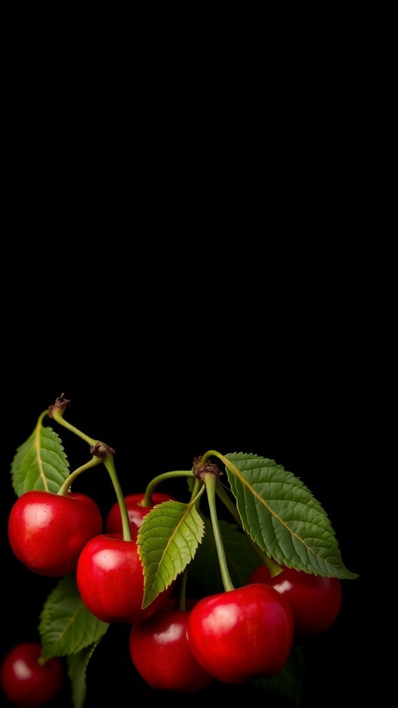 25 Stunning Cherry Wallpaper Designs for Your Phone A cluster of red cherries with green leaves on a dark background.